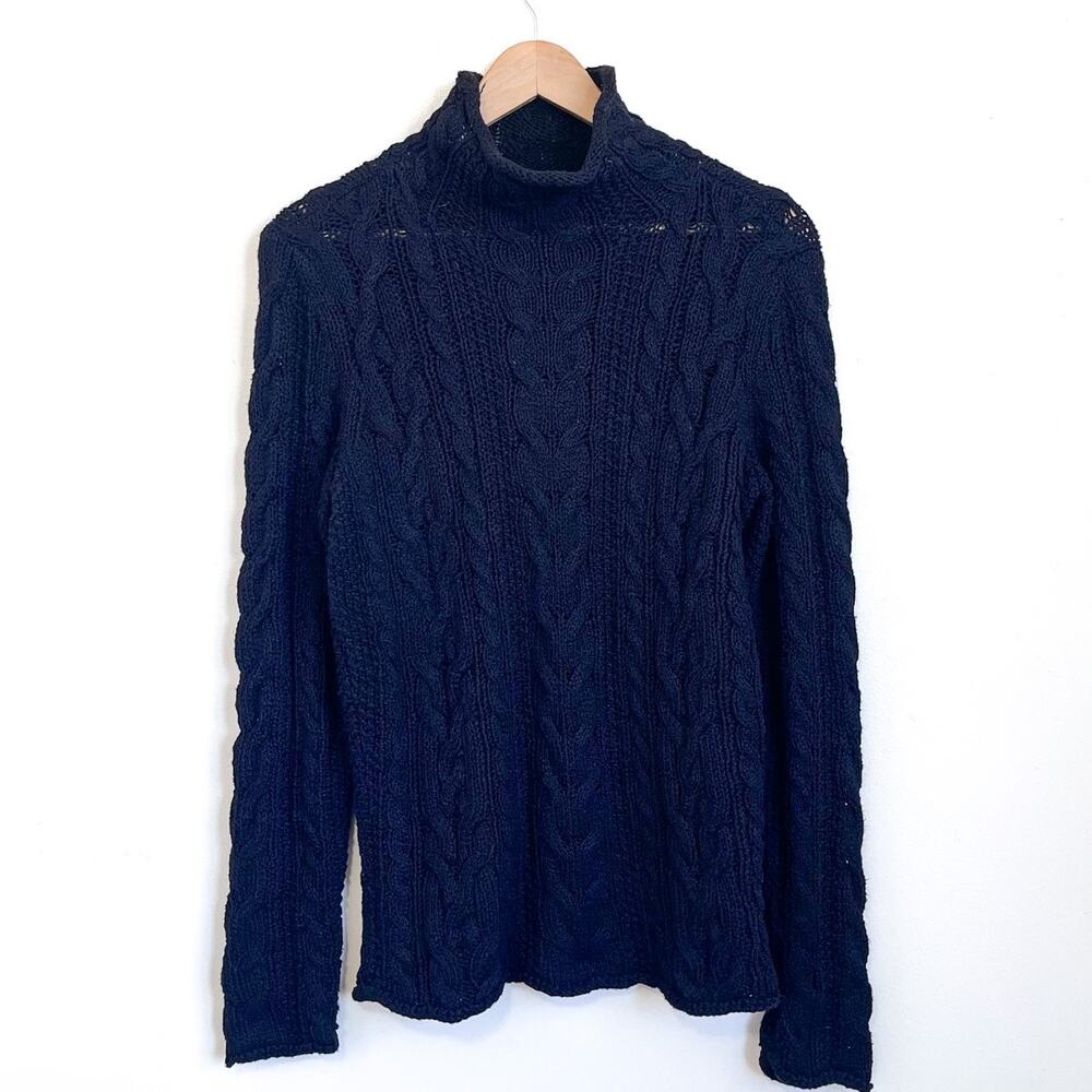 Ralph Lauren Womens Vintage Cable Knit Roll Neck Sweater Medium Black Fisherman